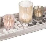 Tealight Votive Candle Holder Set with Pebbles and Wooden Tray Base for 4 Candles