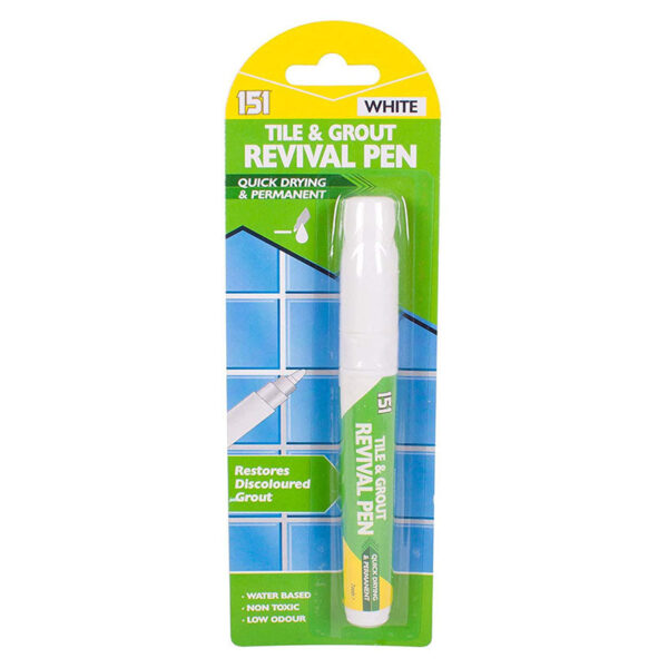 The 151 Tile & Grout Revival Pen in white is a product designed to refresh and brighten the appearance of tile grout in areas like bathrooms and kitchens. It's a pen-like tool...