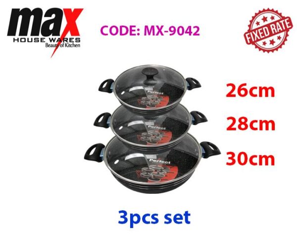 The 3Pc Karahi Pan Set MX9042 features three pans with sizes ranging from 26 cm to 30 cm. This set is ideal for preparing a variety of dishes, especially those requiring...