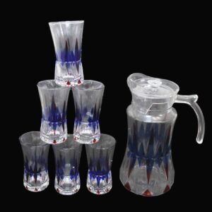 The "7 Piece Glassware Set" includes a water jug and six tumblers. The set features a colored effect, which likely refers to a decorative or tinted design on the glass. This set...