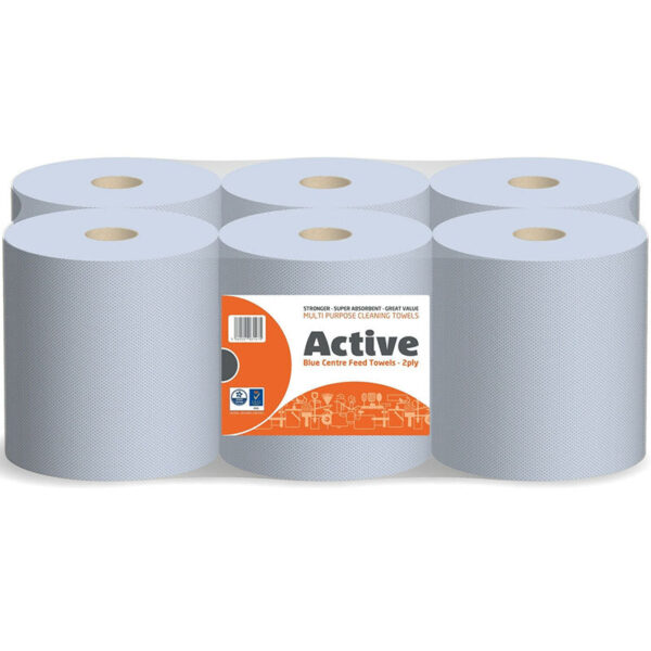 The "Active Blue Value Centrefeed Paper Tissue 6 Roll Pack - Case of 2" likely refers to a bulk purchase of paper tissue rolls designed for use in various settings, such as...