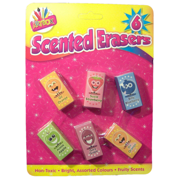 The "Artbox Fruity Scented Erasers 6 Pack - Case of 12" likely refers to a bulk purchase option for a set of erasers. Each pack contains six erasers that are scented with fruity...