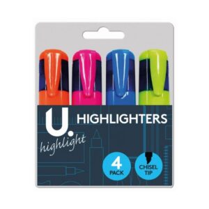 The Assorted Colour 4 Pack Highlighters are designed for use in schools and offices. They feature a chisel tip, which allows for versatile highlighting and underlining. This...