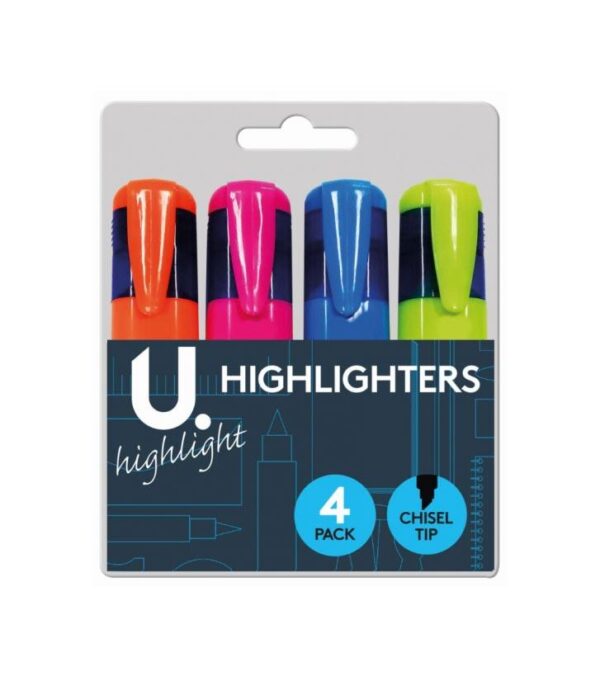 The Assorted Colour 4 Pack Highlighters are designed for use in schools and offices. They feature a chisel tip, which allows for versatile highlighting and underlining. This...