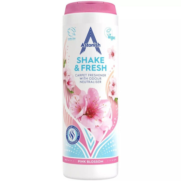 The Astonish Shake & Fresh Carpet Freshener in Pink Blossom is a product designed to refresh and deodorize carpets, leaving a pleasant floral scent. The product comes in a 350g...