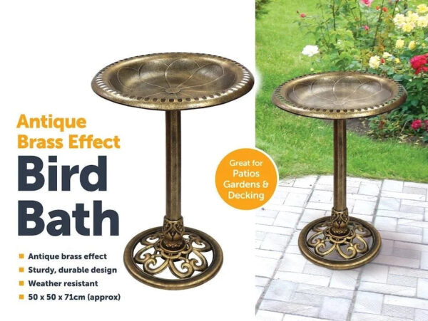 The Bird Bath Antique Brass Effect Garden Decoration is likely a decorative garden accessory designed to provide birds with a place to bathe and drink. The "Antique Brass...