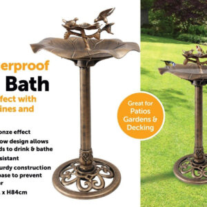 The "Bird Bath Bronze Effect With Bird Figurines And Feed Tray 1178" is likely a decorative garden accessory designed to attract birds. It features a bronze effect finish,...