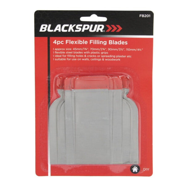 The Blackspur Flexible Filling Blades 4 Pack is a set of tools typically used for applying and smoothing filler materials in construction or DIY projects. These blades are...