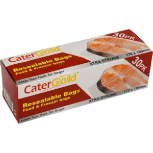 The CaterGold Freezer Seal Bags are designed for storing food items securely in the freezer. The bags measure 170 x 190mm and come in a pack of 30, with the product code...