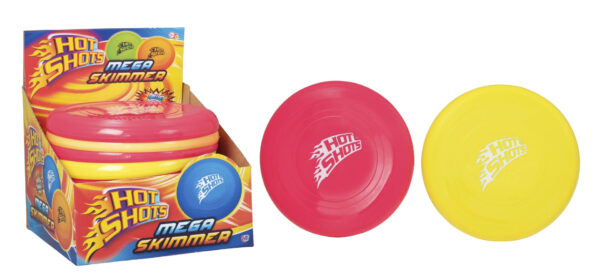 The "Children's Hot Shot Mega Skimmer Outdoor Fun Yellow/Red 9941" sounds like a toy designed for outdoor play, likely a flying disc or similar item intended for children. The...