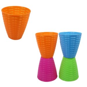 The "Children's Rattan Style Party 4 Assorted Colour Cups 9cm 4 Pack 5494" appears to be a set of cups designed for children, likely intended for use at parties or gatherings....