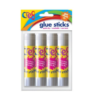 The "Cre8 Glue Sticks 10g Pack of 4 P2908" likely refers to a package of glue sticks, each weighing 10 grams, with a total of four glue sticks in the pack. The mention of "Large...