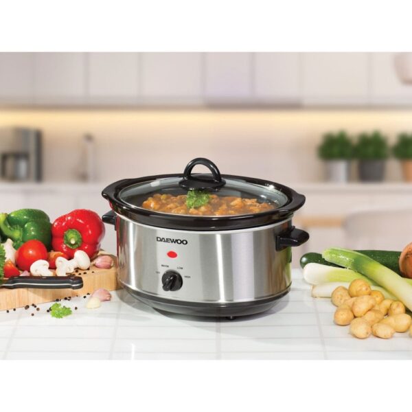 The Daewoo 3.50 Litre Slow Cooker with model number SDA1364 GE is a kitchen appliance designed for slow cooking meals. It features a removable ceramic pot that is easy to clean...