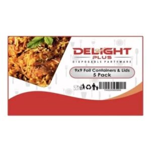 The Delight Plus Foil Containers with Lids, measuring 9x9 inches, come in a pack of 5. These containers are typically used for food storage, meal prep, or takeout. They are made...