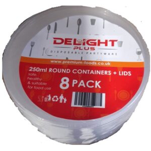 The Delight Plus Round Containers with Lids, 250ml, come in a pack of 8. These containers are typically used for storing food items and are convenient for both home and travel...