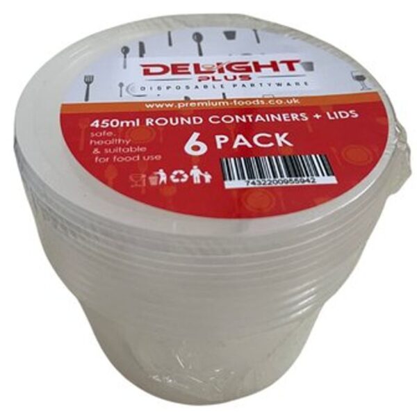 The "Delight Plus Round Containers with Lids 450ml 6 Pack" refers to a set of six round containers, each with a capacity of 450 milliliters. These containers come with lids,...