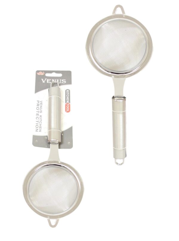 The description refers to a kitchen tool, specifically a stainless steel sieve, commonly used for food preparation tasks such as straining liquids, sifting dry ingredients, or...