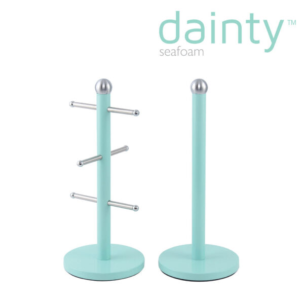 The description you've provided seems to refer to a kitchen accessory set, specifically a kitchen roll holder and a mug tree. The set is branded as "Dainty" and comes in a...