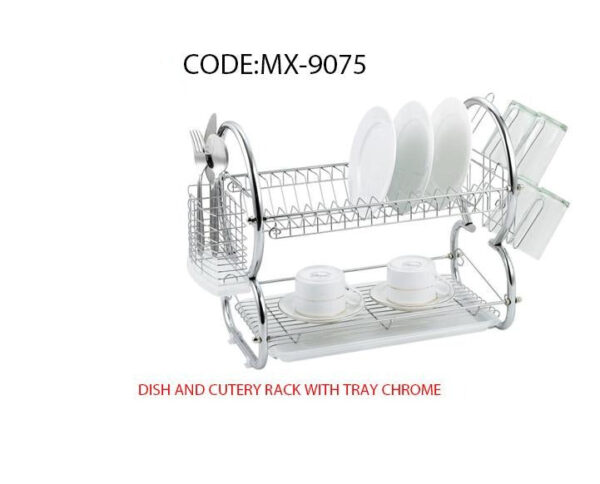 The Dish Drainer Cutlery Rack with Drip Tray in Chrome (model MX9075) is a kitchen accessory designed to help organize and dry your dishes and cutlery after washing. Typically,...