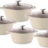 The Durane Cream Die Cast Stock Pot Set includes five pots of varying sizes: 20cm, 24cm, 28cm, 30cm, and 32cm. These pots are made from stainless steel and feature a non-stick...