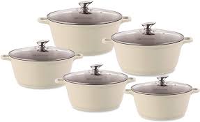 The Durane Cream Die Cast Stock Pot Set includes five pots of varying sizes: 20cm, 24cm, 28cm, 30cm, and 32cm. These pots are made from stainless steel and feature a non-stick...