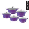 The Durane Die Cast Stock Pot Set includes five pieces, ranging in size from 20 cm to 32 cm in diameter. They are purple in color, which can add a vibrant touch to your kitchen...