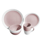The Durane Dinner Set 16pc, model 10214 A, is a dining collection that includes plates, bowls, and mugs, all in a pink finish. The set is designed to serve four people, with...