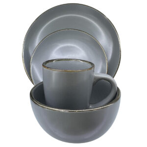 The Durane Gold Rim Dinnerware Set is a 16-piece collection in a grey color, featuring elegant gold rims. This set typically includes dinner plates, salad plates, bowls, and...