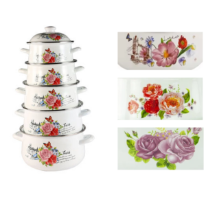 The Enamel Cooking Pot Set of 5 with a Floral Design offers a charming and functional addition to your kitchenware. Each pot in the set features assorted floral designs,...