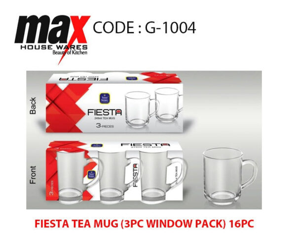 The Fiesta Tea Glass Mugs set includes three glass mugs with a capacity of 245 ml each. The product code for this set is G1004. These mugs are likely designed for enjoying tea...