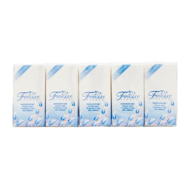 The "Finest Pocket Tissues 3 Ply Handkerchiefs 10 Pack" typically refers to a package of portable tissue packs, each containing tissues made up of three layers (or plies) for...