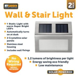 The Garden Wall & Stair Light 2 Pack LED Solar Energy 1057 is a set of outdoor lights designed to illuminate garden walls, stairs, or pathways using solar energy. Each light in...