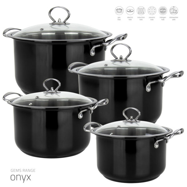 The Gems Stainless Steel Stockpot Set is a 4-piece collection designed for kitchen use. The set includes stockpots of varying capacities: 3.7 liters, 4.7 liters, 5.8 liters, and...