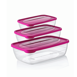 The Hobby Trend Rectangular Food Storage Containers set includes three containers with capacities of 0.6 liters, 1.2 liters, and 2 liters. They come in assorted colors,...