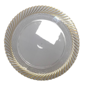 The item you are describing is a round transparent plastic serving tray with a golden rim, measuring 35 cm in diameter. It seems like it might be an elegant and practical choice...