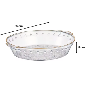 The item you are referring to seems to be a round transparent plastic fruit bowl or serving tray, which features a gold rim. Its dimensions are 35 cm in diameter and 8 cm in...