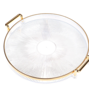 The item you're describing appears to be a round, transparent plastic serving tray with a gold rim and handles, measuring 32 cm in diameter. The model number or product code...