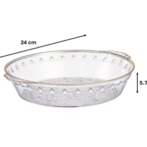 The item you're describing seems to be a round transparent plastic fruit bowl or serving tray that features a gold rim. The dimensions of the bowl are 24 cm in diameter and 5.7...