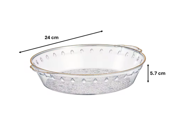 The item you're describing seems to be a round transparent plastic fruit bowl or serving tray that features a gold rim. The dimensions of the bowl are 24 cm in diameter and 5.7...