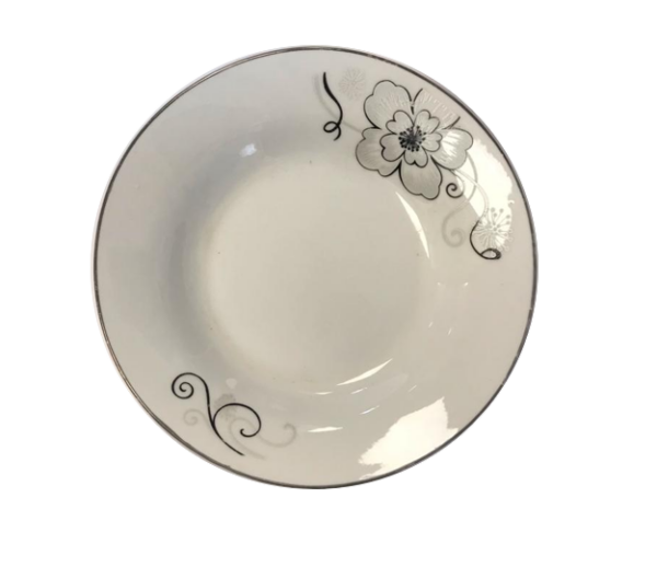 The item you're referring to is a dining appetizer plate featuring a white floral design with a silver rim. The dimensions of the plate are 17.5 cm in diameter and 3 cm in...