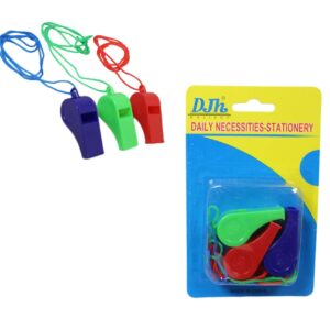 The item you're referring to is a pack of plastic whistles that come with a neck cord. This pack includes three whistles, and they are available in assorted colors. The product...