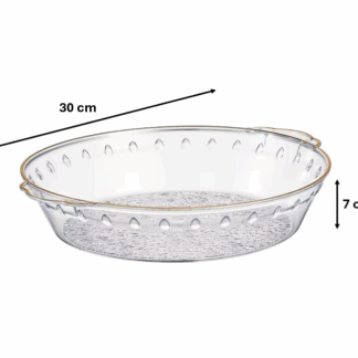 The item you're referring to is a round, transparent plastic fruit bowl that also functions as a serving tray. It features a decorative gold rim, adding a touch of elegance to...