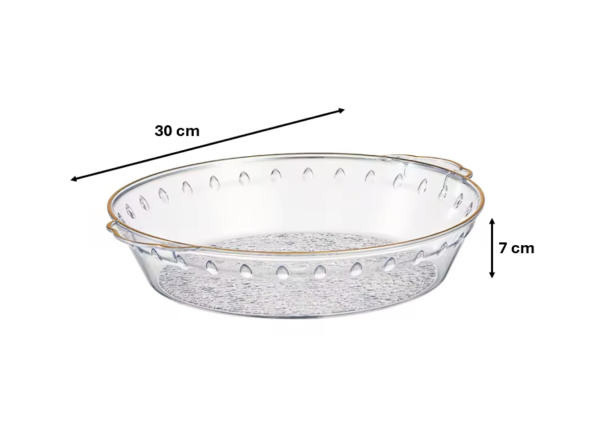 The item you're referring to is a round, transparent plastic fruit bowl that also functions as a serving tray. It features a decorative gold rim, adding a touch of elegance to...