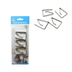 The item you're referring to is a set of stainless steel table cloth clips, each measuring 4.5 x 4.5 x 1.8 cm. The pack contains four clips, and the model or product code is...