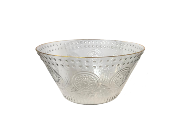 The item you're referring to is a transparent plastic fruit bowl featuring a decorative pattern and a gold rim. Its dimensions are 22 cm in diameter and 11.5 cm in height. The...