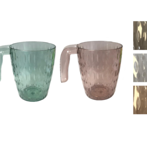 The item you're referring to seems to be a transparent plastic drinking cup or mug with a handle and a textured pattern. It measures 10.5 x 8.5 cm and is available in assorted...