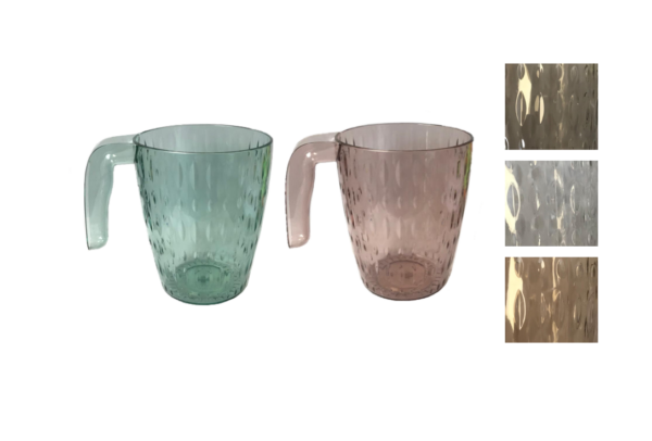 The item you're referring to seems to be a transparent plastic drinking cup or mug with a handle and a textured pattern. It measures 10.5 x 8.5 cm and is available in assorted...