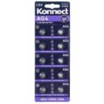 The Konnect 10 Pack Alkaline Batteries are a set of 1.5-volt batteries identified as AG4, LR626, or LR66. These are small button cell batteries commonly used in various small...