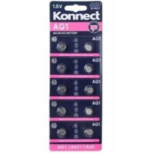 The Konnect 10 Pack Alkaline Batteries are a set of small, 1.5-volt batteries suitable for various electronic devices. The battery models included in this pack are AG1, LR621,...