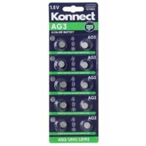 The Konnect 10 Pack Alkaline Batteries are designed to provide reliable power for small electronic devices. These batteries have a voltage of 1.5 volts and are specifically AG3...